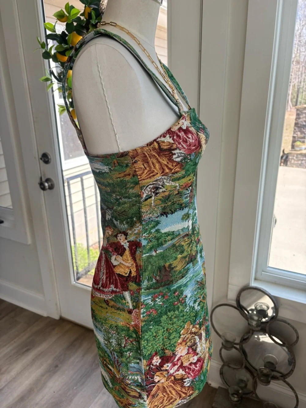 Scenic Tapestry Print Green Mini Dress - Picture 3 of 5